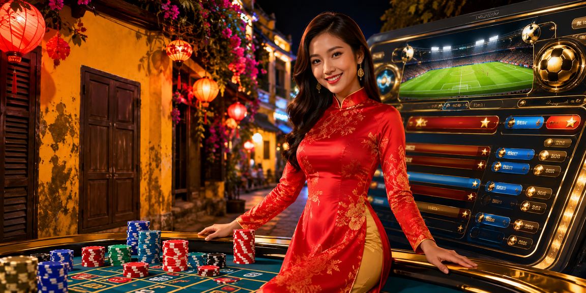 Người phụ nữ mặc áo dài tại Hội An theo dõi kết quả cược và kiểm tra tài khoản VIP