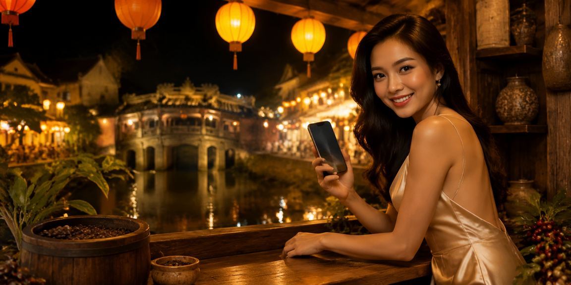 Người dùng VIP tại Hội An nhâm nhi cà phê và kiểm tra ưu đãi bonus trên điện thoại