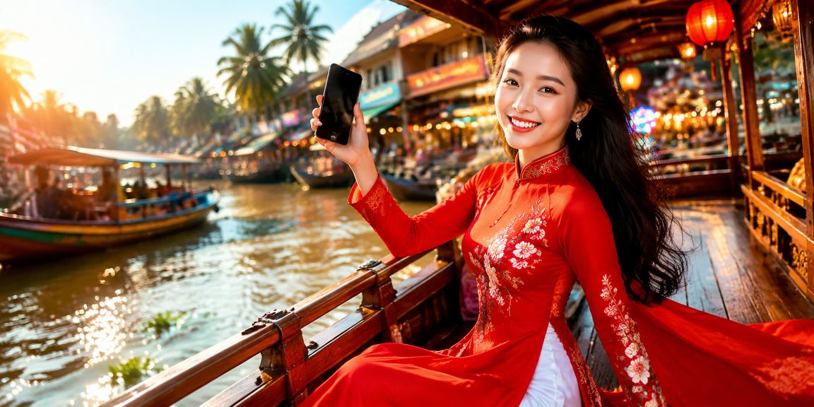 Người phụ nữ áo dài vùng Mekong tham gia xổ số và sử dụng mã voucher trực tuyến